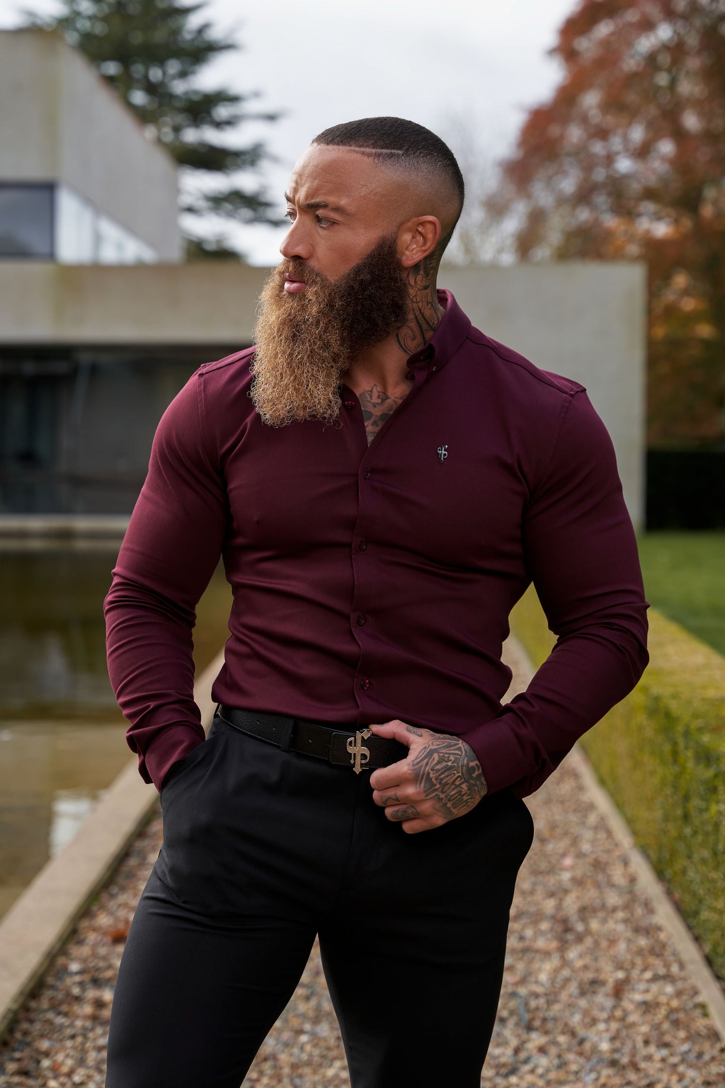 Elevate Your Style with Our Burgundy Super Slim Stretch Denim Long Sleeve Shirt Featuring a Sleek Metal Decal Emblem - FS628