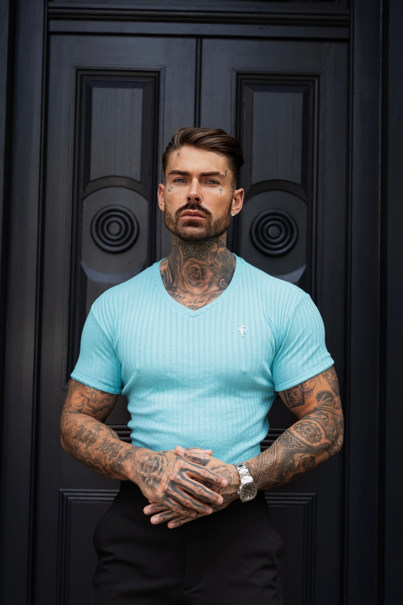 Timeless Turquoise & Silver V-Neck Ribbed Tee by Father Sons - FSH1128