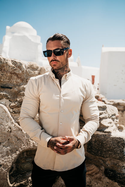 Elevate Your Style: Father Sons Super Slim Fit Stretch Beige Long Sleeve Shirt with Button Down Collar - FS983