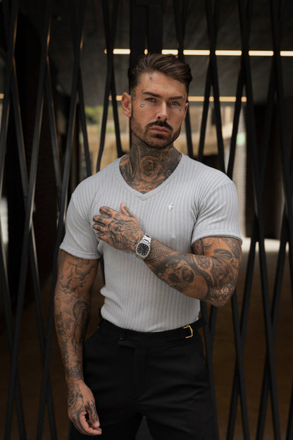 Elevate Your Wardrobe with the Father Sons Classic Light Grey/Silver V-Neck Ribbed Crew - FSH1126