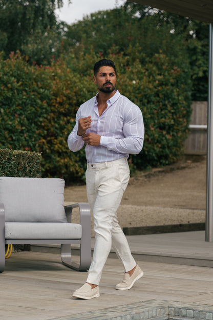 Father Sons Lilac Printed Wide Stripe Long Sleeve Shirt - Super Slim Stretch Fit with Button Down Collar - FS1067