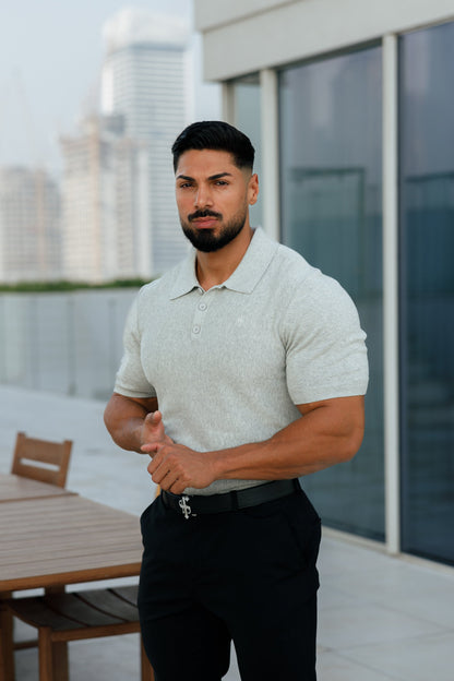 Elevate Your Wardrobe with the Father Sons Classic Light Grey Knitted Polo – Short Sleeve Style (FSN110)