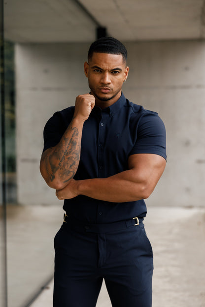 Elevate Your Style with Father Sons Super Slim Navy Scuba Short Sleeve Stretch Shirt - FS832