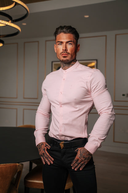 Elevate Your Style: Father Sons Super Slim Stretch Pink Oxford Shirt with Grandad Collar - FS952