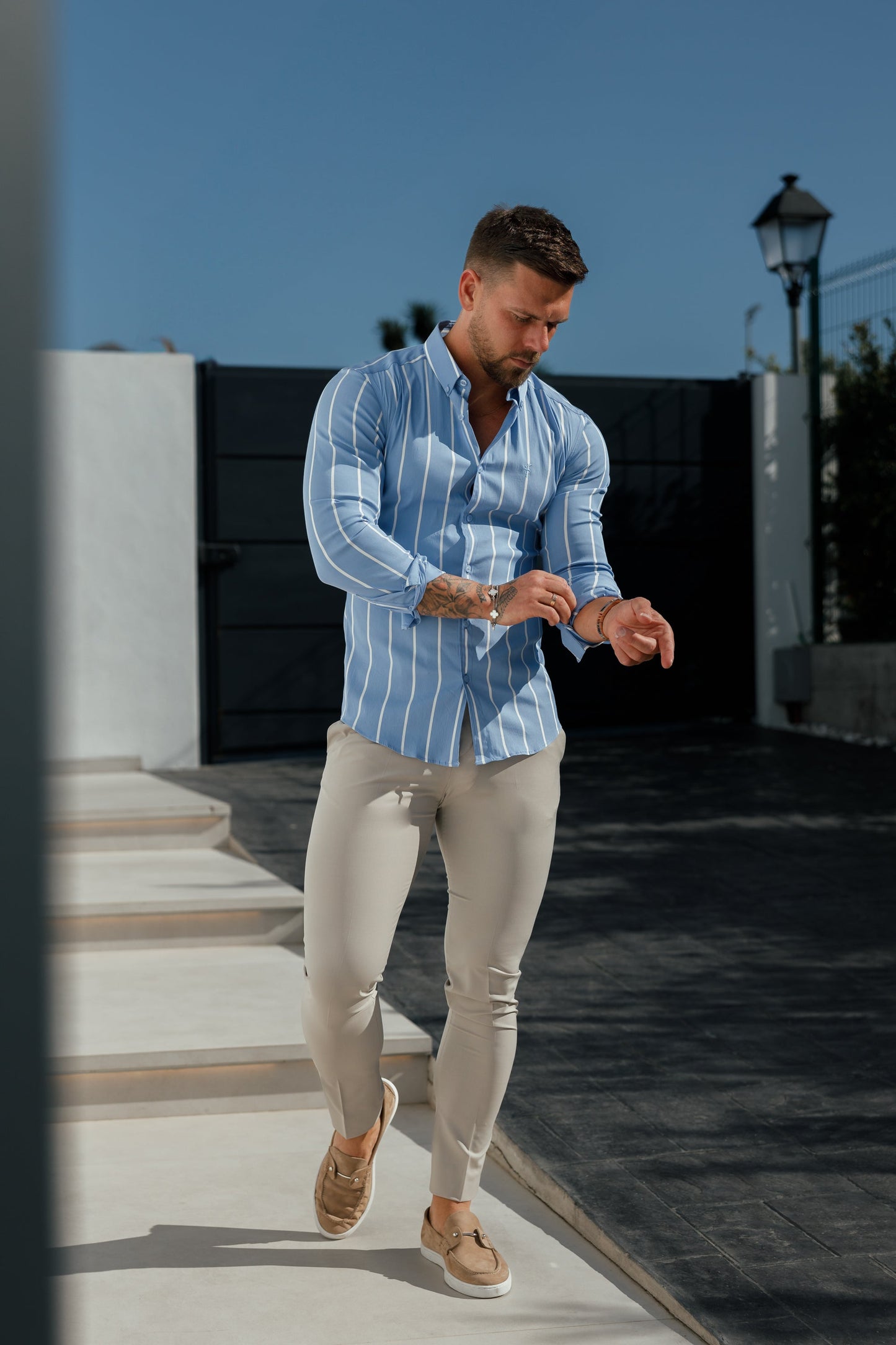 Elevate Your Style with Father Sons Super Slim Fit Blue Striped Long Sleeve Shirt - Button Down Collar Design - FS1053