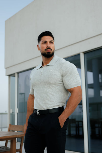Elevate Your Wardrobe with the Father Sons Classic Light Grey Knitted Polo – Short Sleeve Style (FSN110)