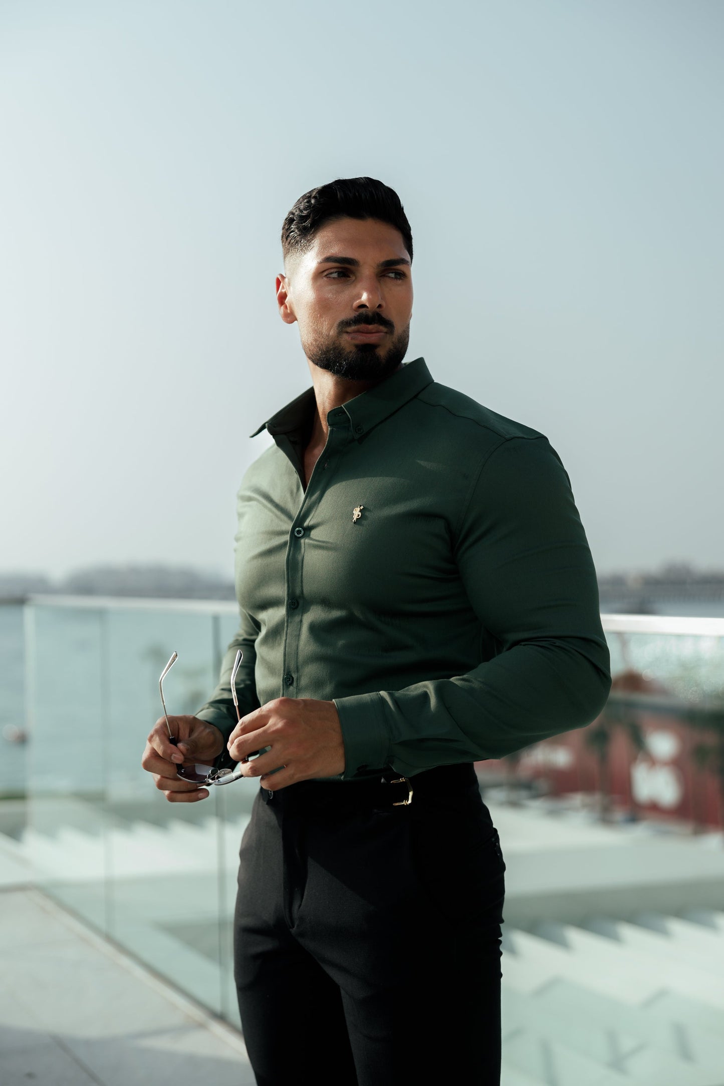 Elevate Your Style with Father Sons Super Slim Stretch Khaki Denim Long Sleeve Shirt Featuring Gold Metal Accent and Button Down Collar - FS1044