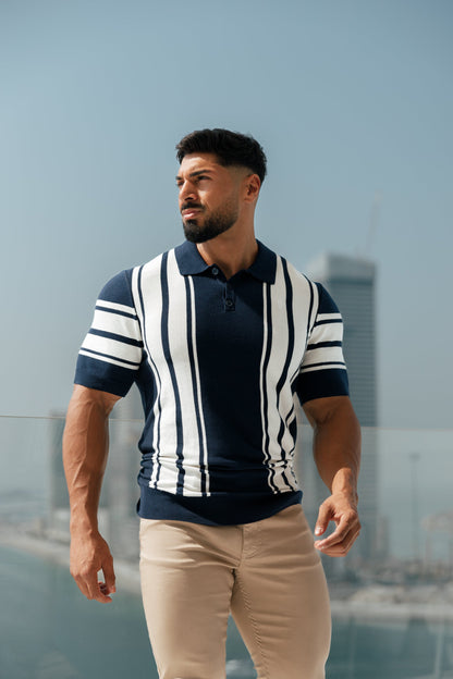 Elevate Your Style with Our Classic Navy & Off White Knitted Vertical Stripe Polo - Short Sleeve - FSN105