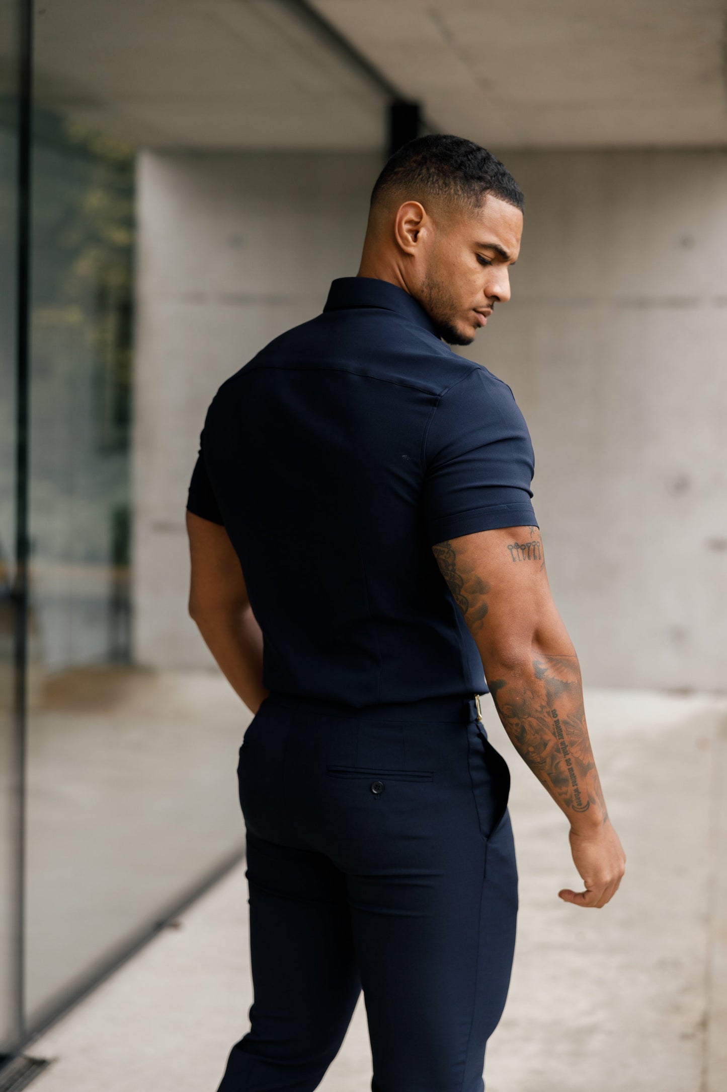 Elevate Your Style with Father Sons Super Slim Navy Scuba Short Sleeve Stretch Shirt - FS832