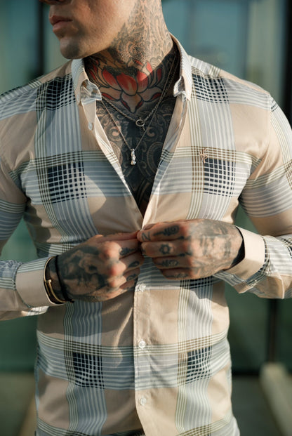 Elevate Your Style: Father Sons Super Slim Stretch Peach & Grey Check Print Long Sleeve Shirt with Classic Button-Down Collar - FS901