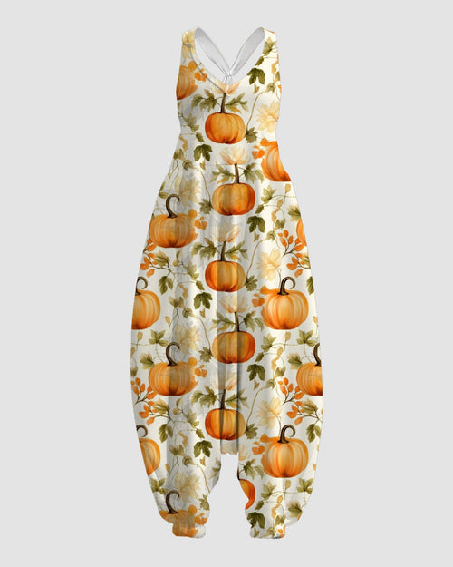 Women's Leaves with Pumpkins Print Sleeveless Jumpsuit Harem Pants