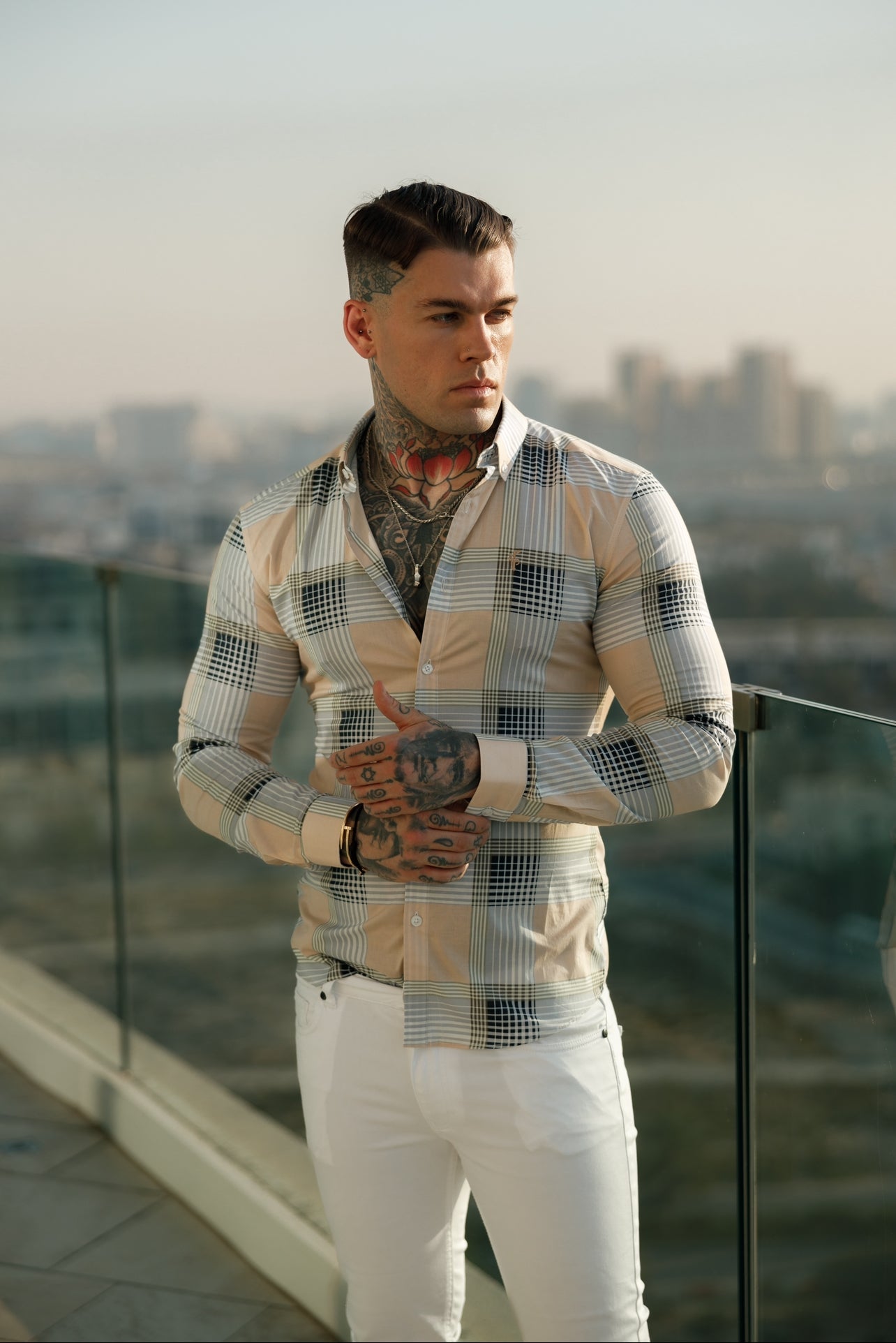 Elevate Your Style: Father Sons Super Slim Stretch Peach & Grey Check Print Long Sleeve Shirt with Classic Button-Down Collar - FS901