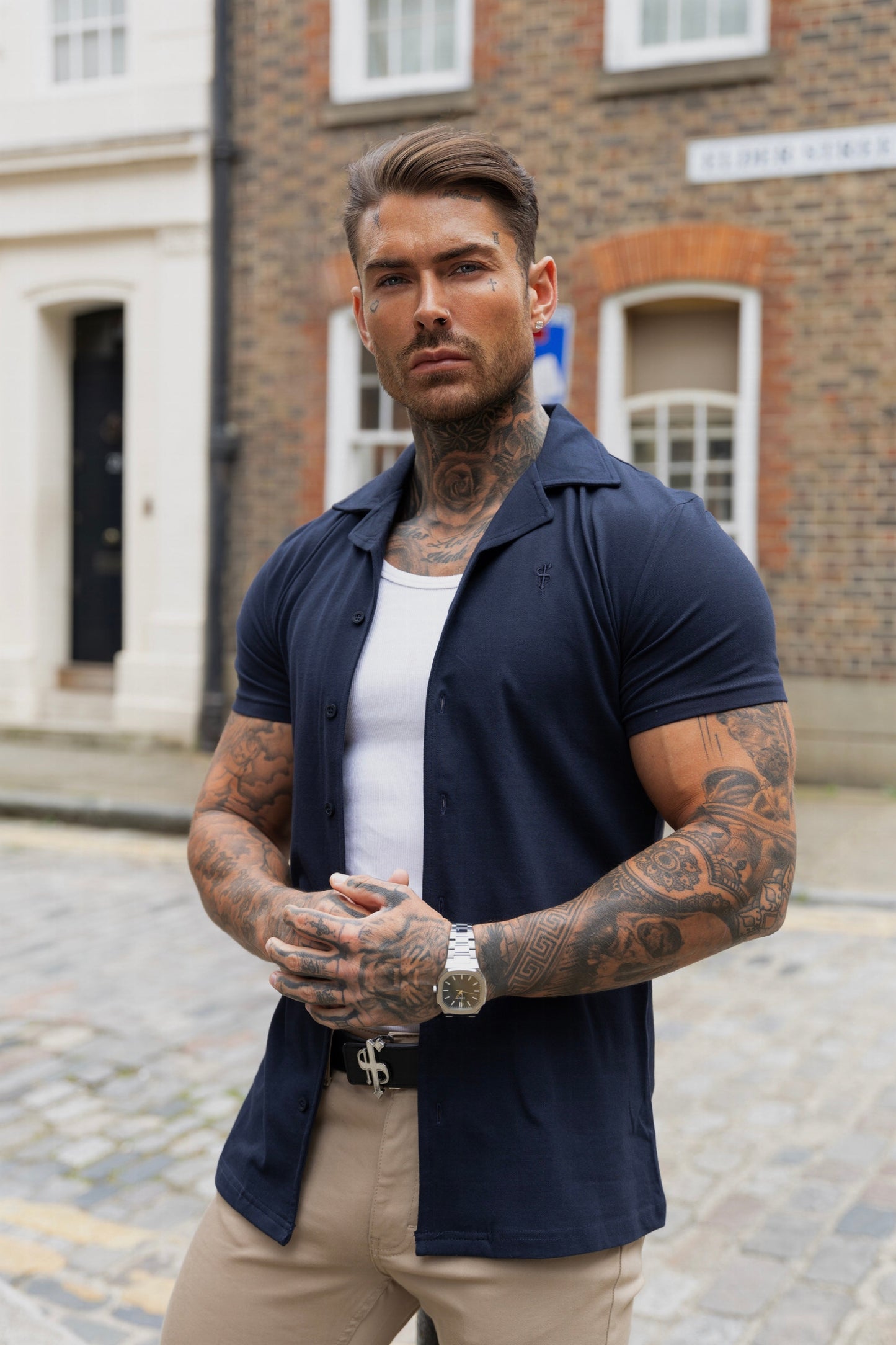 Elevate Your Style with the Father Sons Short Sleeve Navy Stretch Pique Revere Shirt - FSH1069