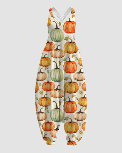 Women's Leaves with Pumpkins Print Sleeveless Jumpsuit Harem Pants