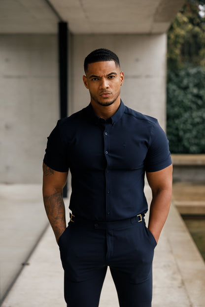 Elevate Your Style with Father Sons Super Slim Navy Scuba Short Sleeve Stretch Shirt - FS832
