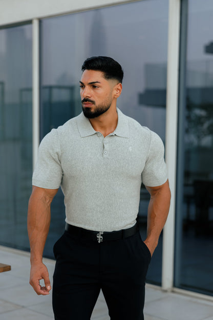 Elevate Your Wardrobe with the Father Sons Classic Light Grey Knitted Polo – Short Sleeve Style (FSN110)