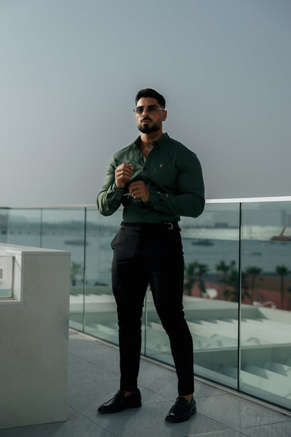 Elevate Your Style with Father Sons Super Slim Stretch Khaki Denim Long Sleeve Shirt Featuring Gold Metal Accent and Button Down Collar - FS1044
