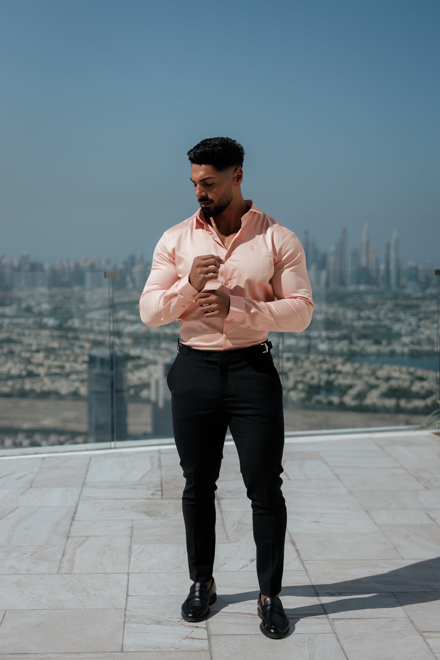 Father Sons Stylish Peach Slim Sateen Long Sleeve Shirt - FS965