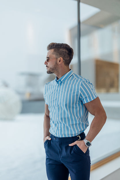 Father Sons Classic Light Blue & White Woven Stripe Short Sleeve Deckchair Shirt - FS976