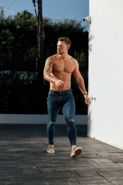 Father Sons Slim Fit Mid Blue Ultra Stretch Jeans with Trendy Knee Rips - FSJEAN011