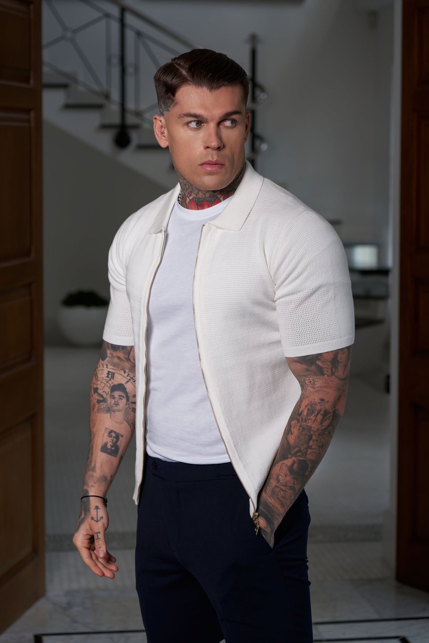 Elevate Your Style with the Father Sons Classic Knitted Textured Zip Sweater in Off White - Short Sleeve FSN152