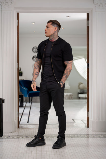 Stylish Black Short Sleeve Zip-Up Knit Sweater with Classic Textured Design - Father Sons Collection - FSN151
