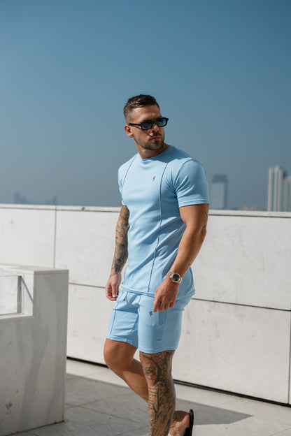 Elevate Your Style with Father Sons Light Blue & Silver Crew T-Shirt Featuring Elegant Pintuck Detail - FSH1051