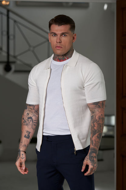 Elevate Your Style with the Father Sons Classic Knitted Textured Zip Sweater in Off White - Short Sleeve FSN152