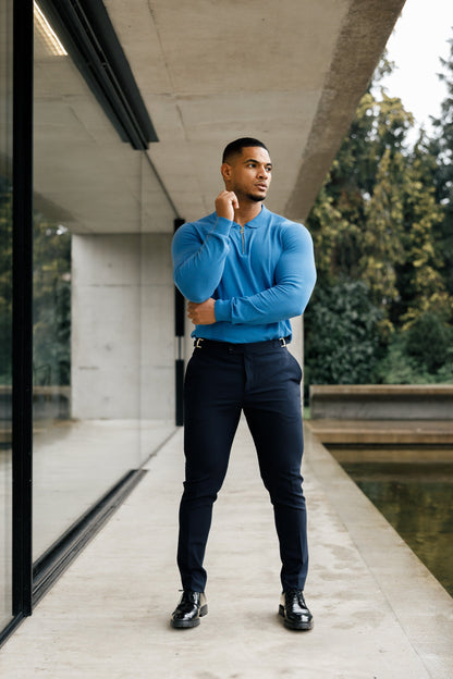 Elegant Mid Blue & Gold Long Sleeve Zip Knit Polo Shirt for Men - FSN129 by Father Sons