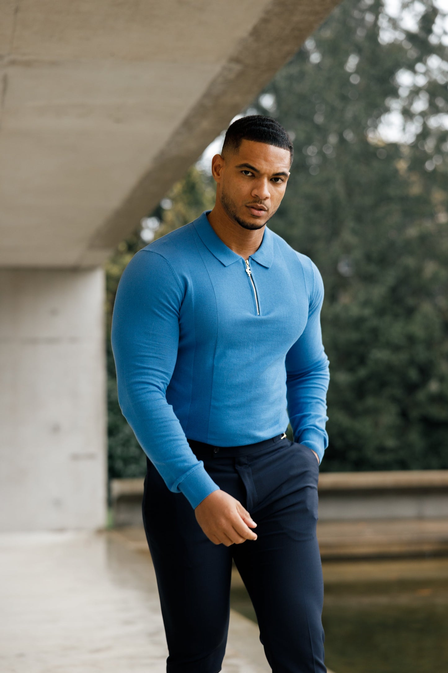 Elegant Mid Blue & Gold Long Sleeve Zip Knit Polo Shirt for Men - FSN129 by Father Sons