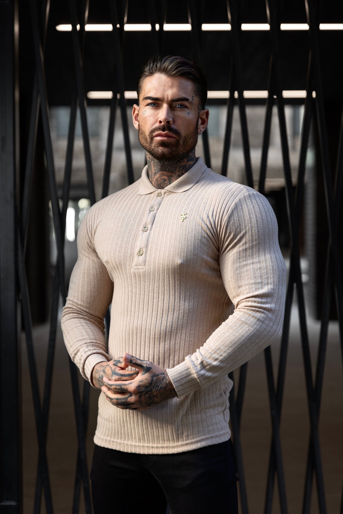 Elevate Your Style with the Father Sons Classic Beige Ribbed Long Sleeve Polo Shirt Featuring a Chic Gold Decal - FSH969
