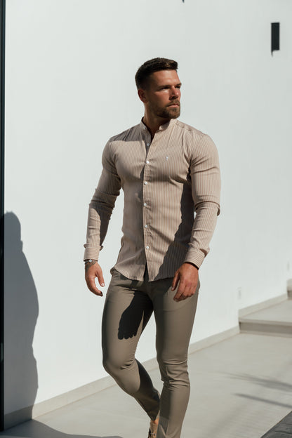 Elevate Your Style: Father Sons Super Slim Fit Taupe Pinstripe Long Sleeve Shirt with Grandad Collar - FS1057