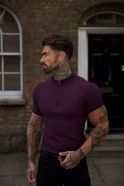 Elevate Your Style with the Father Sons Classic Plum & Black Ribbed Zip Grandad Collar Short Sleeve Shirt - FSH918