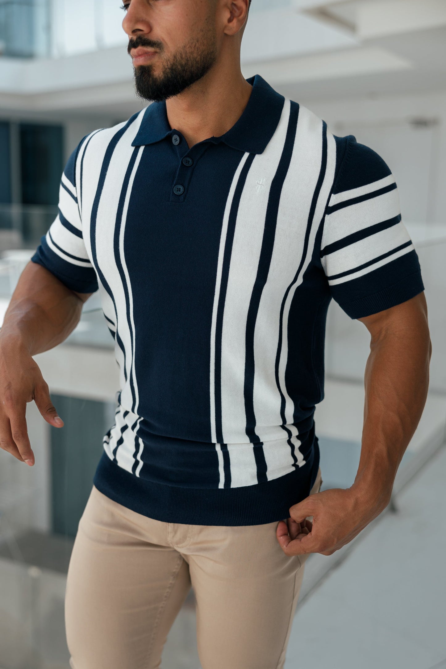 Elevate Your Style with Our Classic Navy & Off White Knitted Vertical Stripe Polo - Short Sleeve - FSN105