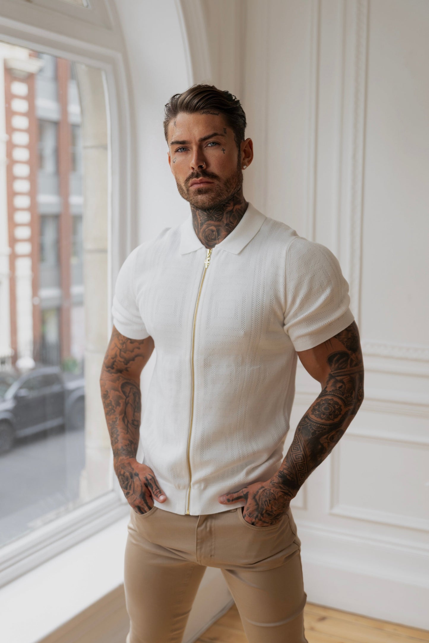 Elevate Your Style: Father Sons Classic Geo Knit Short Sleeve Zip-Up in Off White - FSN148
