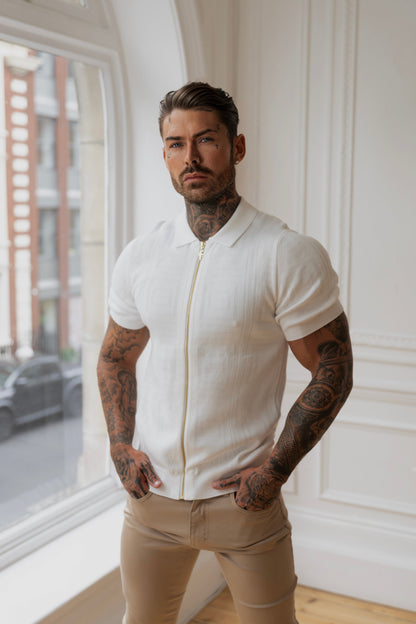 Elevate Your Style: Father Sons Classic Geo Knit Short Sleeve Zip-Up in Off White - FSN148