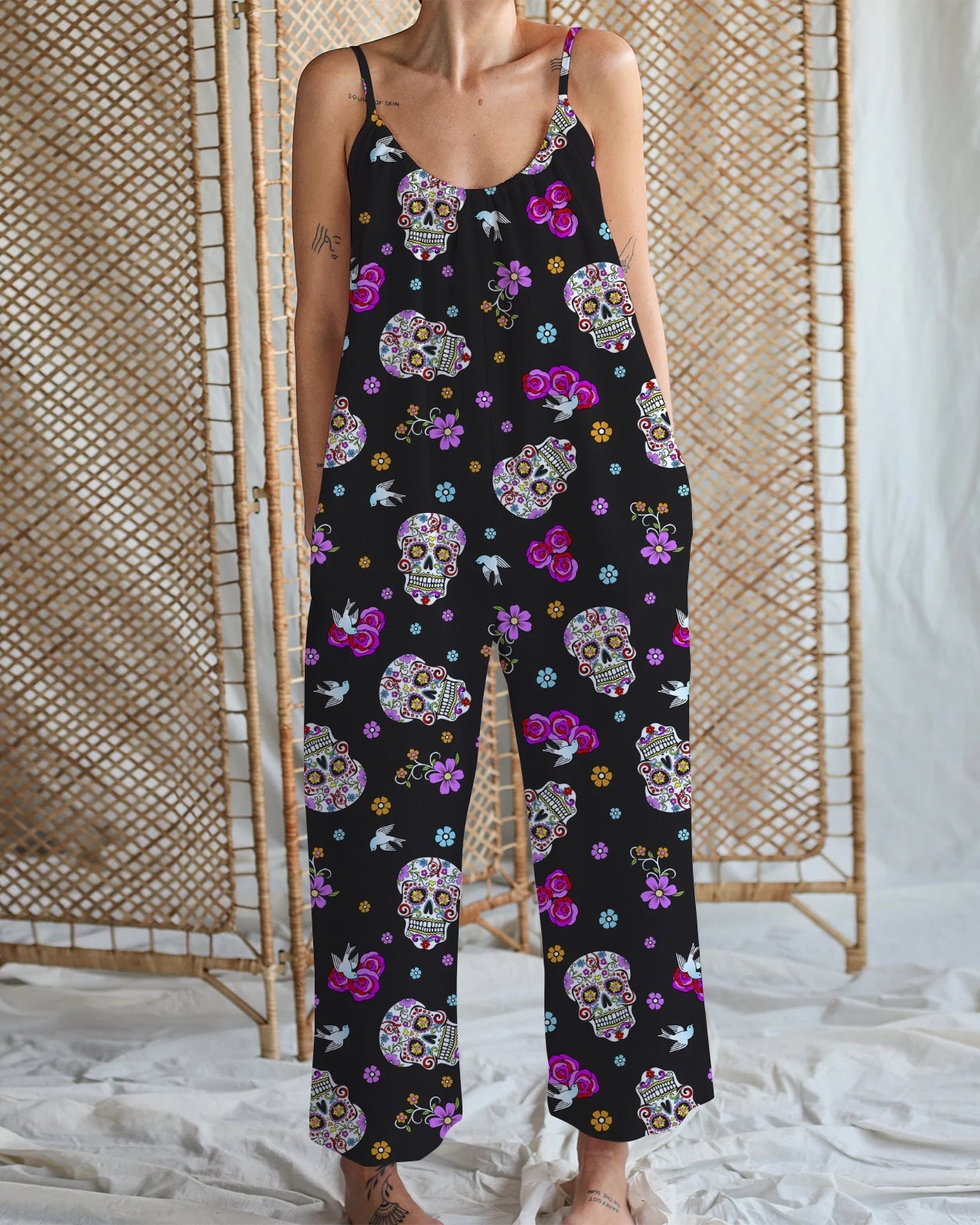 Women's Diamond Skull Print Cotton and Linen Wide Leg Strap Jumpsuit
