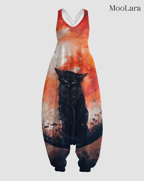 Women's Angry Black Cat Print Sleeveless Jumpsuit Harem Pants