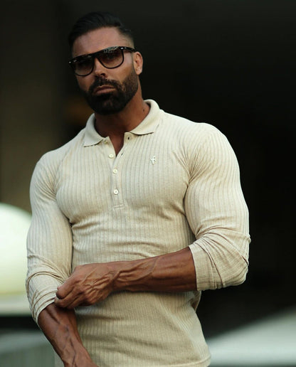 Elevate Your Style with the Father Sons Classic Beige Ribbed Long Sleeve Polo Shirt Featuring a Chic Gold Decal - FSH969