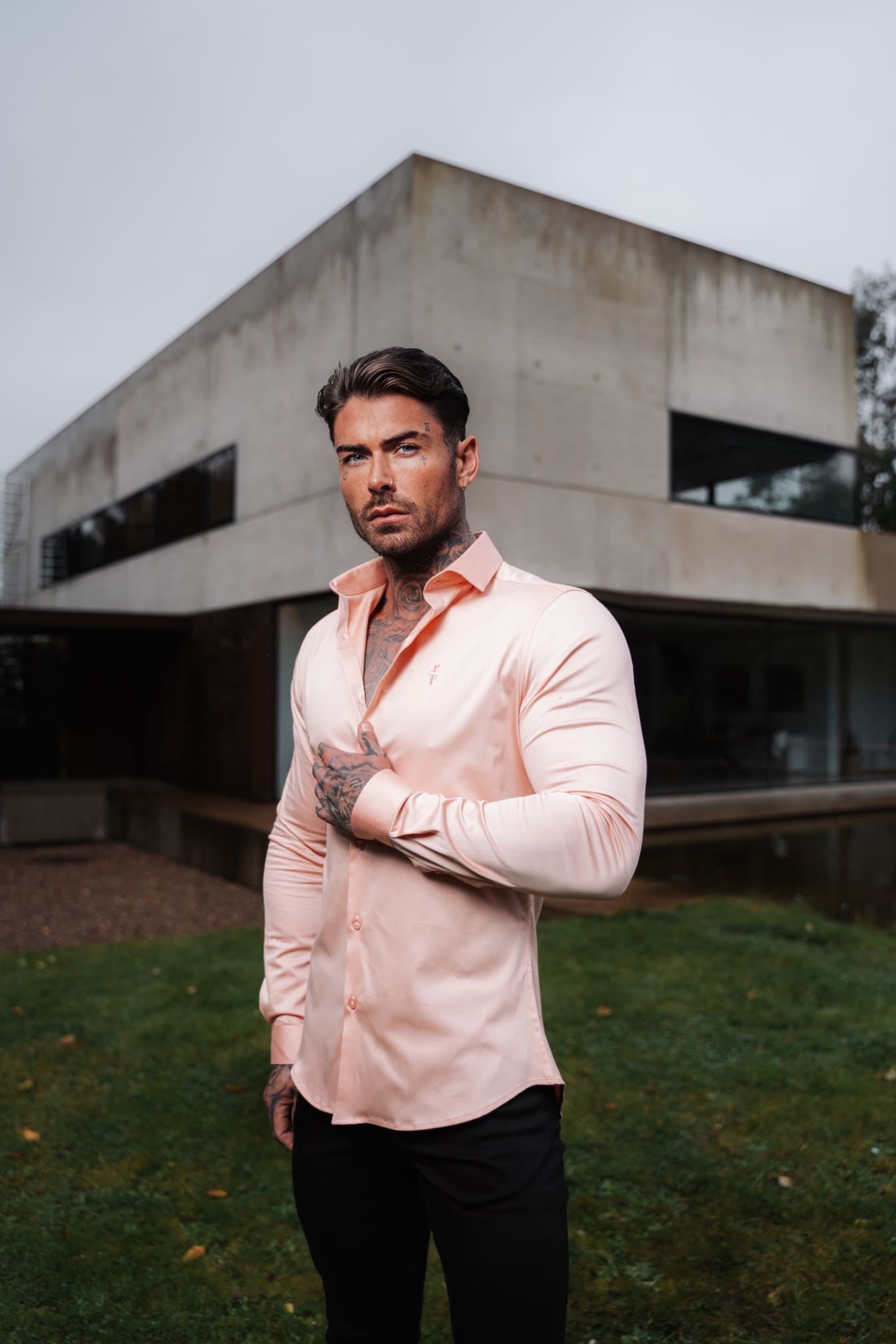 Father Sons Stylish Peach Slim Sateen Long Sleeve Shirt - FS965