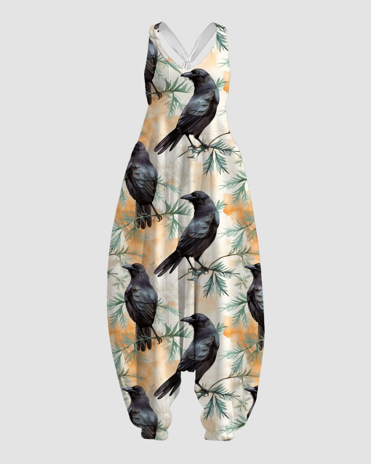 Women's Crow and Leaves Print Sleeveless Jumpsuit Harem Pants