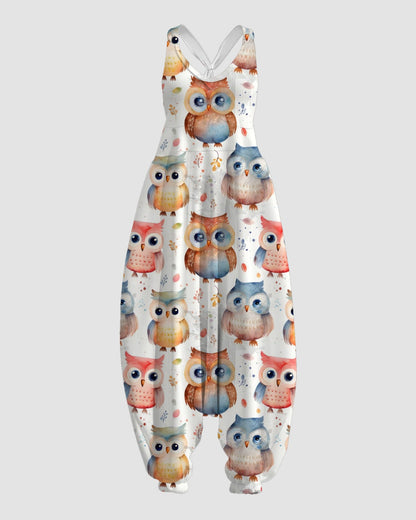 Women's Cute Owl Print Sleeveless Jumpsuit Harem Pants