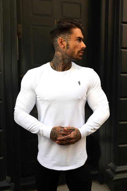 Elevate Your Style with Our Father Sons Classic Curved Hem Long Sleeve Crew T-Shirt in White/Black Tonal - FSH996