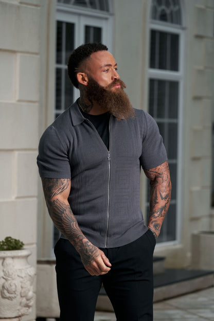 Elevate Your Style: Father Sons Gunmetal Short Sleeve Knit Top with Eye-Catching Geo Design and Full-Length Zip - FSN150