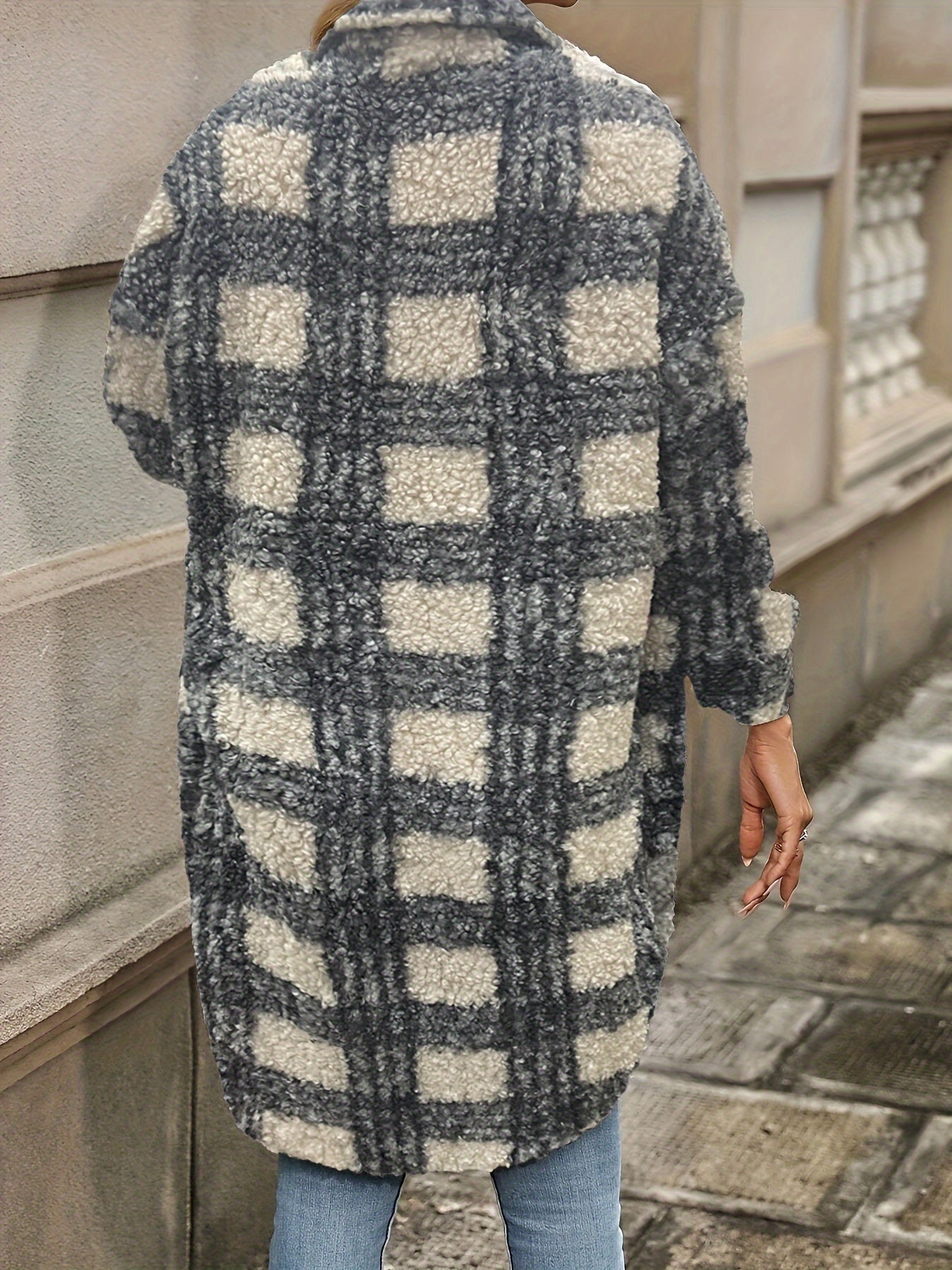 Long Sleeve Plaid Fuzzy Lapel Collar Jacket m for Fall & Winter - Machine Washable Polyester Coat for Women