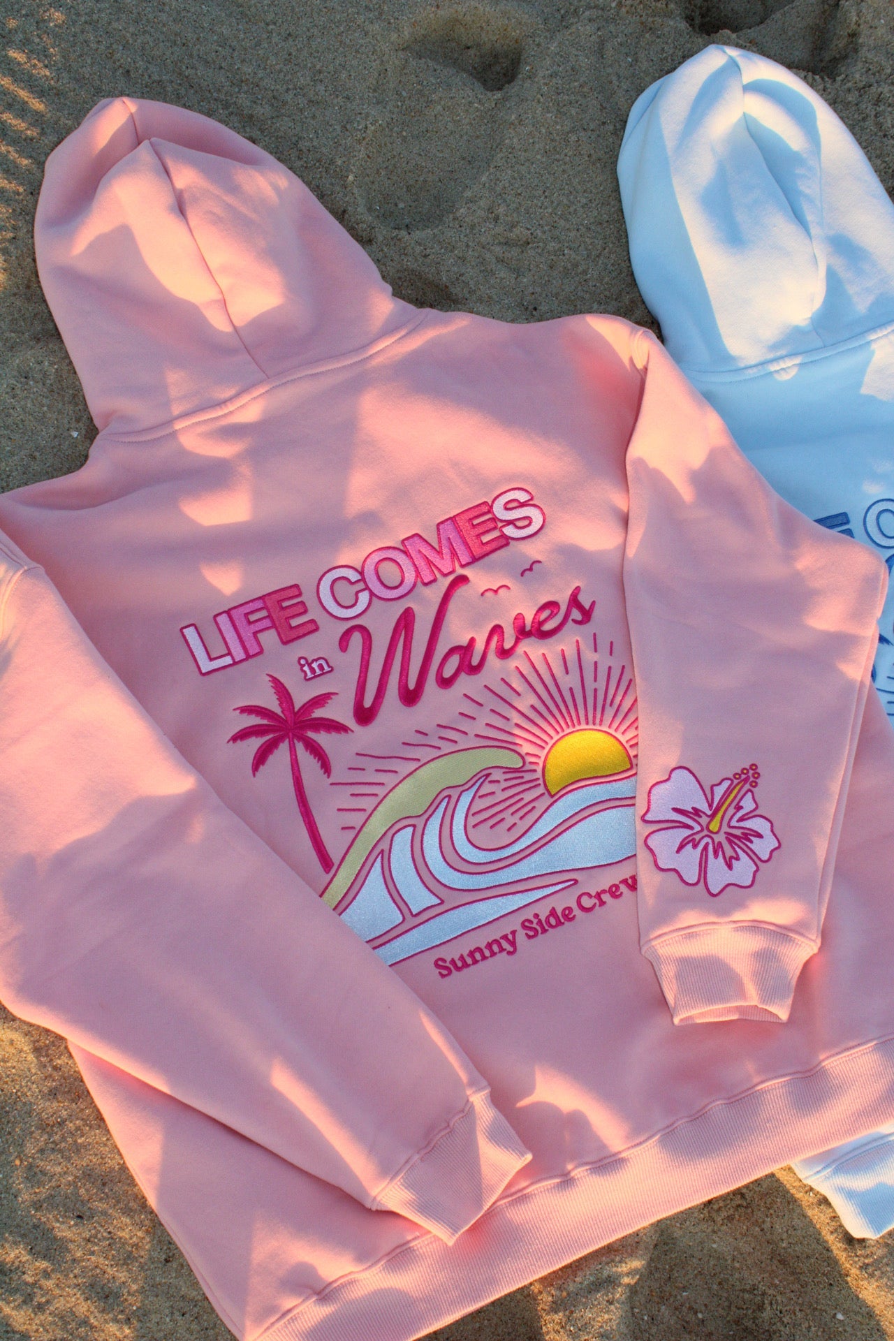 “Life Comes in Waves” Oversized “Blush Shores” Embroidered Hoodie