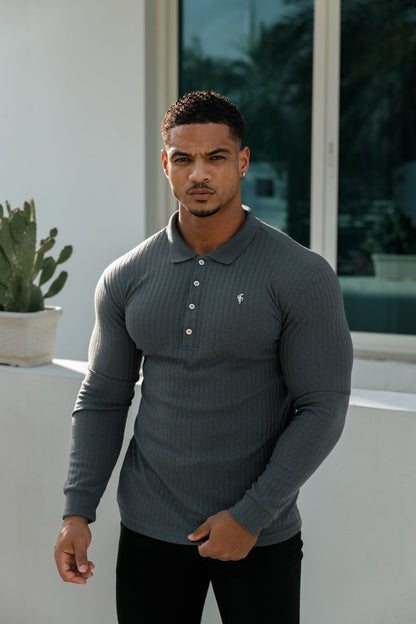 Elevate Your Style: Classic Charcoal Long Sleeve Ribbed Polo Shirt with Silver Accents by Father Sons - FSH971