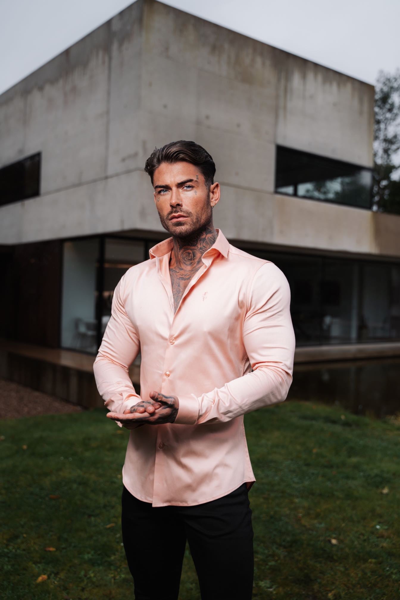 Father Sons Stylish Peach Slim Sateen Long Sleeve Shirt - FS965