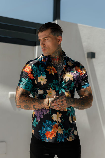 Chic Stretch Short Sleeve Black Floral Print Button-Down Shirt - FS1104