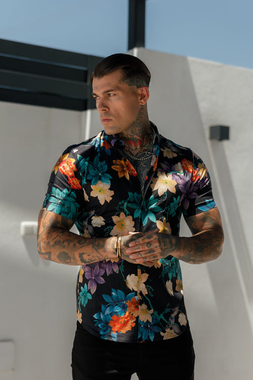 Chic Stretch Short Sleeve Black Floral Print Button-Down Shirt - FS1104